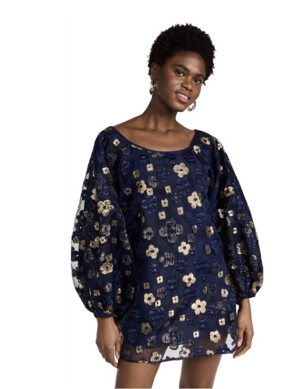 Arianne Elmy Navy Organza Good Luck Blue with Gold Floral Foil Mini Dress Medium